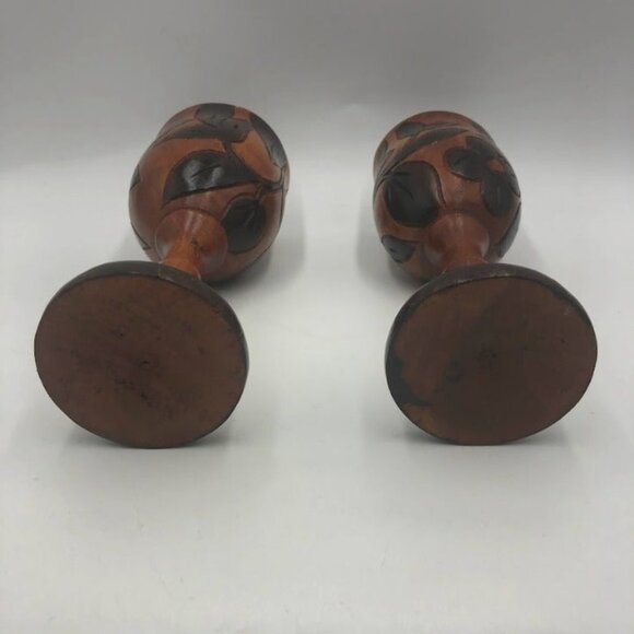 Vintage Hand Carved Wood Goblets Floral Design Collectible Set of 2 - Picture 9 of 12